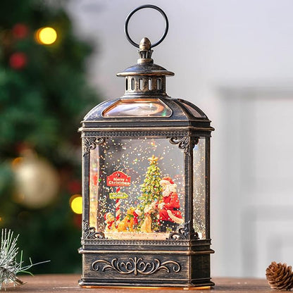 Christmas Snow Globe Lantern Water Glittering Santa Claus & Pups with Music & Timer, USB Lined/Battery Operated Lighted Lantern for Christmas Festival Decoration Gifts