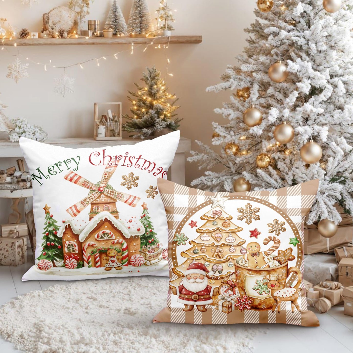 Lanpn Christmas Throw Pillow Covers 18x18 Set of 4, Gingerbread Man House Pillow Covers Christmas Pillowcase Decorative Cushion Cover for Home Bedroom Couch Sofa Decor (Brown)