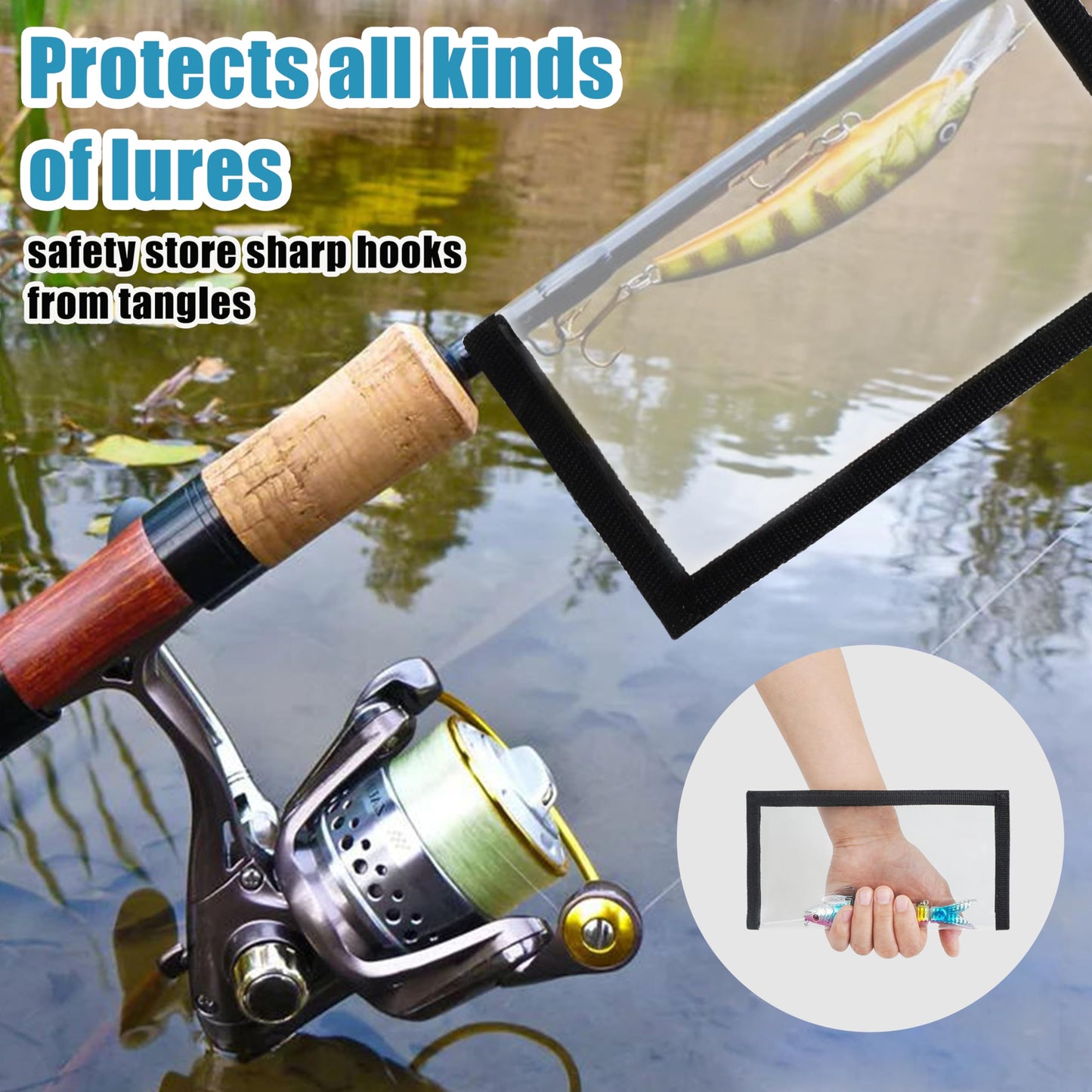 Fishing Lure Wraps for Fishing Rod with Velcro 4 Packs Bait Storage Covers Clear PVC Lure Protector Medium Large Sizes (M+L-BLACK-4PCS)