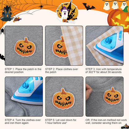 Janinka 72 Pcs Halloween Iron on Patches Boo Pumpkin Bat Ghost Sew on Embroidered Applique Rrepair Patch DIY Crafts Festive Gifts for Halloween Clothing Hat Bag Backpack DIY Crafts Decor