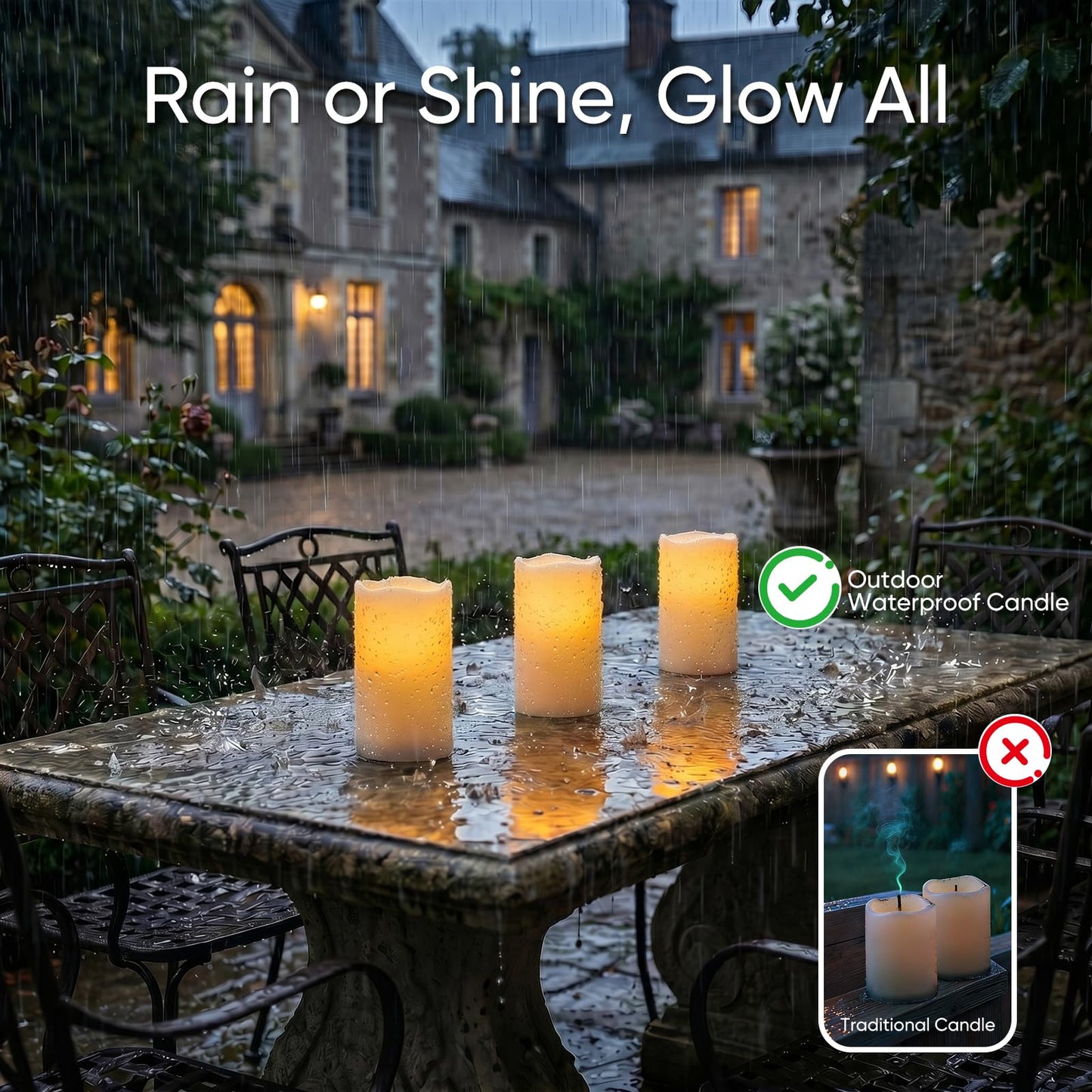 Raycare Outdoor Waterproof Flameless Candles-Auto Light Sensor Dusk to Dawn, Flickering LED Candle, Battery Operated Electric Fake Pillar Candle for Garden, Porch, Patio Decor, (D3 xH4 5" 6" 6" 6")