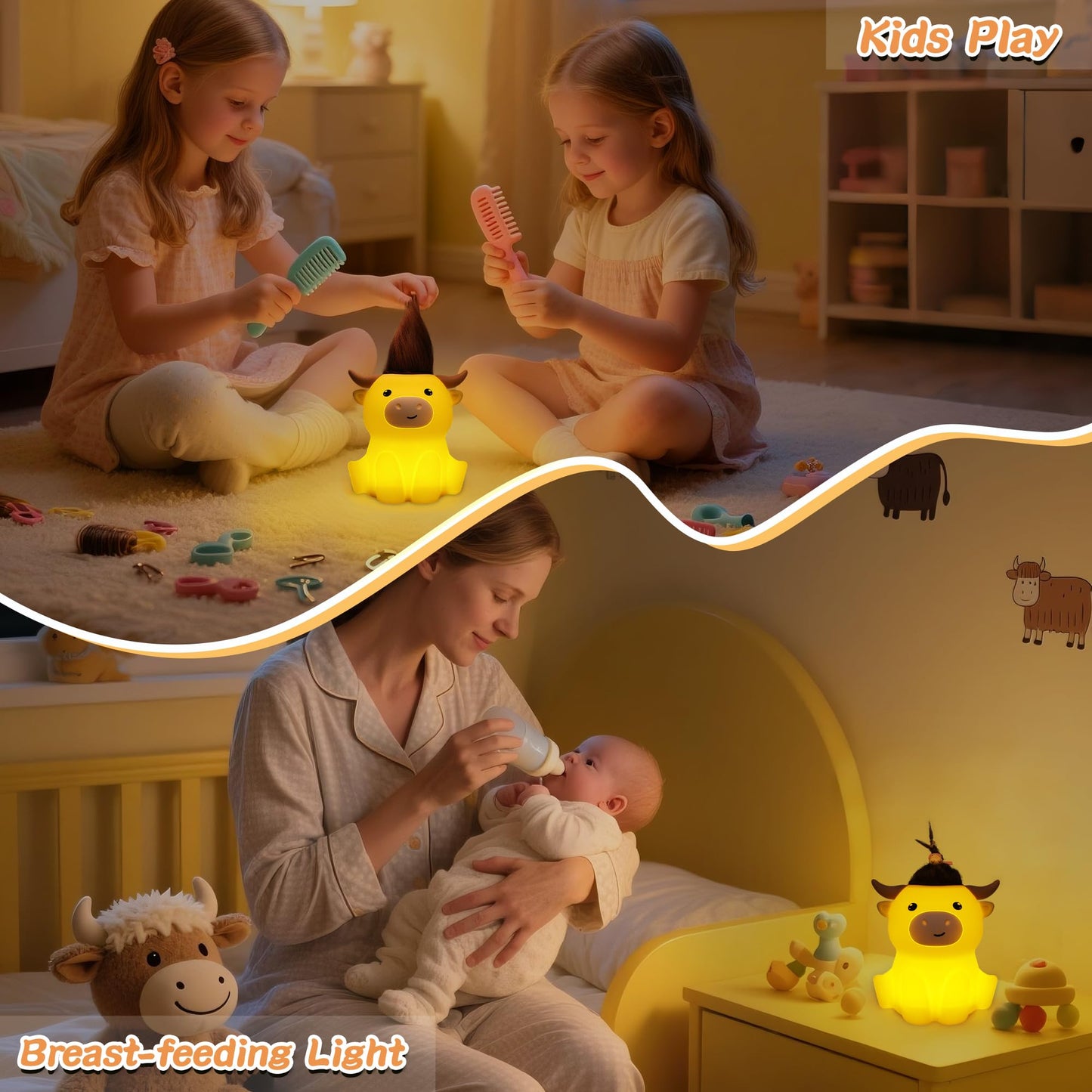 Okayera Highland Cow Night Light, Fluffy Cow Squishy Lamp for Kids, Soft Silicone Animal Nightlamp with 2 Levels Dimmable & 20 Mins Timer, Rechargeable LED Light Gifts for Baby Boys Girls