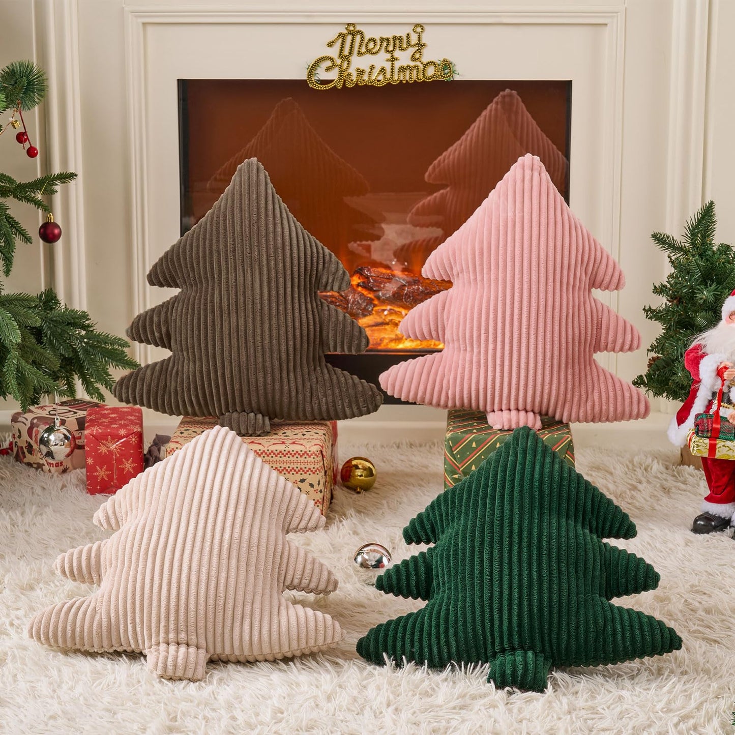 Lanpn Christmas Tree Pillows Set of 2, Christmas Decoration Narrow Stripes Winter Throw Pillow Soft Cute 3D Shaped Xmas Tree Throw Cushion for Sofa Bedroom Xmas Decor (18x16 inch, Pink)
