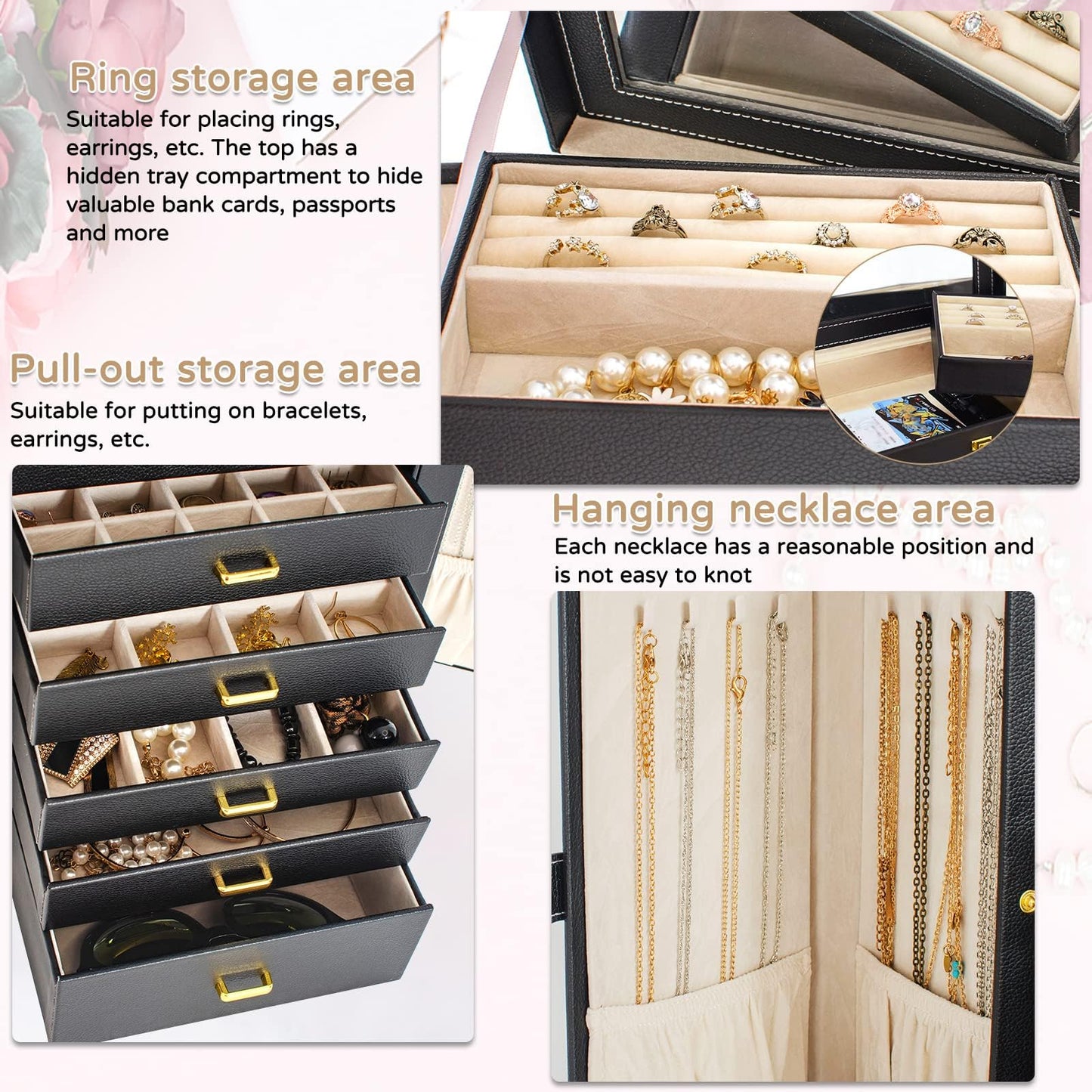 AKOZLIN Huge Jewelry Box Organizer Functional Extra Large Leather Jewelry Storage Case for Women Girls Ring Necklace Earring Bracelet Holder Organizer with Mirror Black