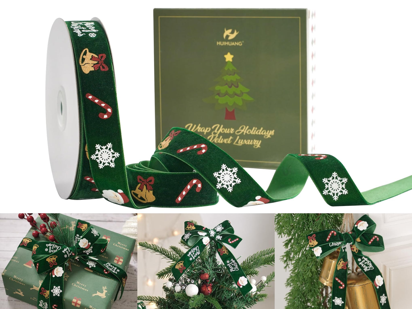 HUIHUANG Green Christmas Velvet Ribbon 1 inch Forest Green Ribbons with Merry Christmas Santa Ribbon for Gift Wrapping, Tree Ornaments, Wreaths, Garlands, DIY Crafts- Continuous 10 Yards