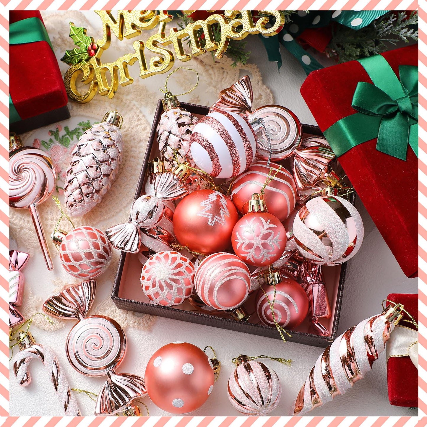 Knitgrip 50 Pcs Christmas Candy Cane Lollipop Ornaments Christmas Peppermint Candy Tree Balls Decorations with Rope Plastic Xmas Hanging Ornaments for Party Decor(Pink)