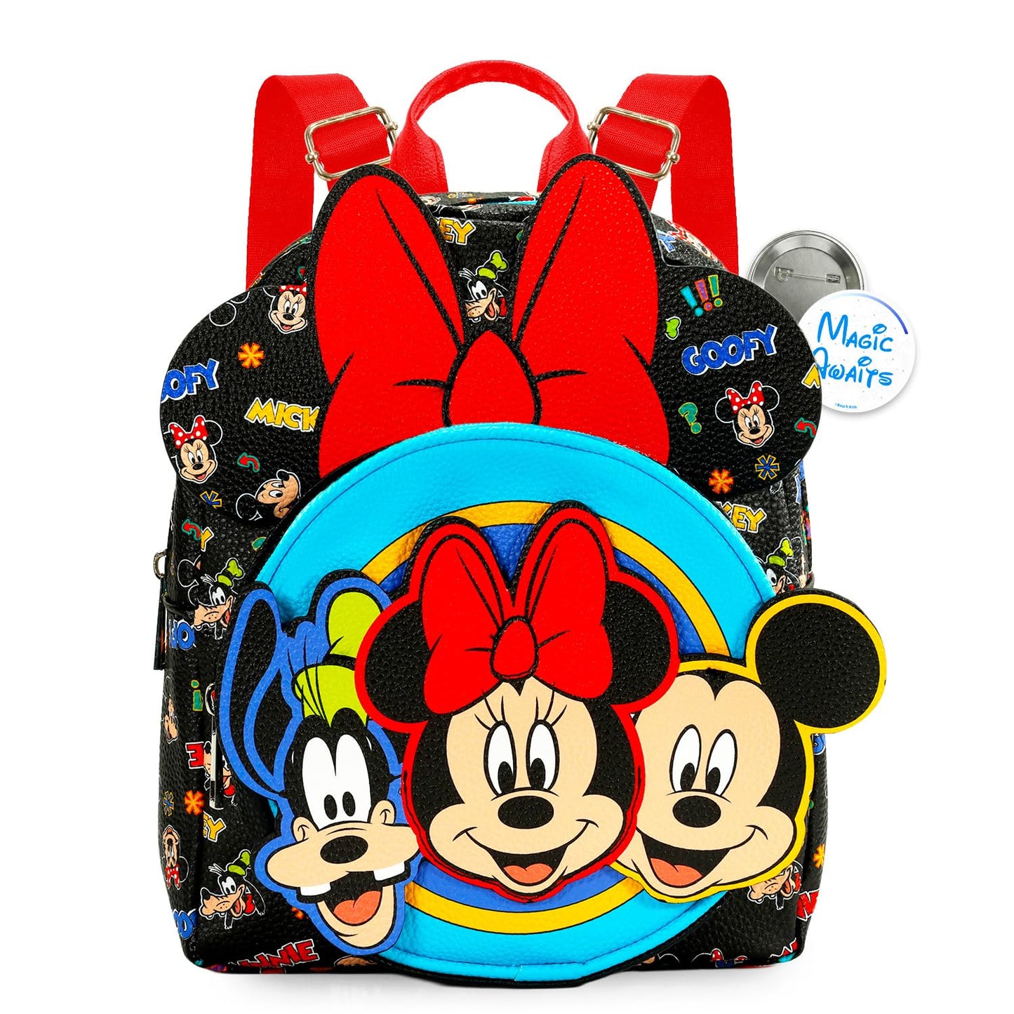 Disney Mini Backpack - 10" Exclusive Mickey, Minnie and Goofy Faux Leather Small Backpack with Front Pocket and Button Bundle | Adjusts to Fit Women, Teens, Girls, Kids
