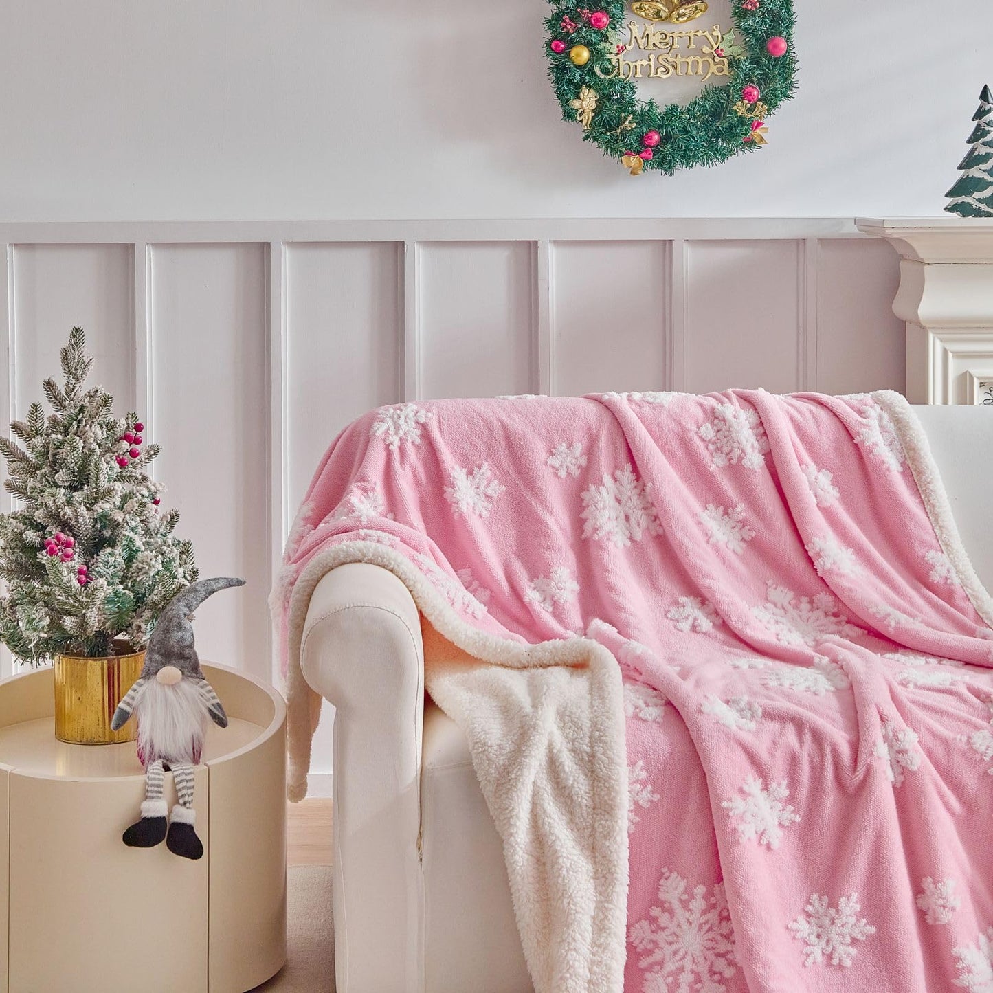 LenLuck Pink Christmas Blanket 50"x60", Soft Flannel Fleece Front & Sherpa Back, Snowflakes Throw Blanket for Couch, Fluffy Fuzzy Blanket, Christmas Decor Gift for Women, Men
