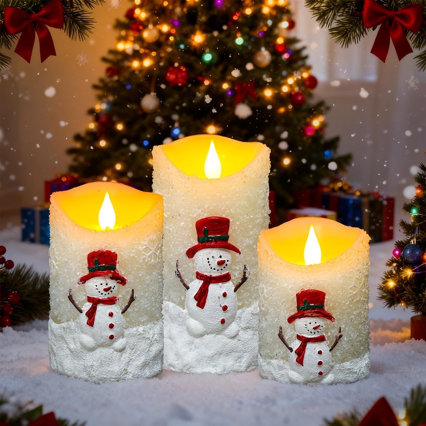 LCZLUMIPRO Snowman Flameless Candles with Remote & Timer - 3 Pcs Winter Battery Operated LED Pillar Candles, Real Wax Electric Candles in Warm White for Christmas Table, Mantel & Home Decor