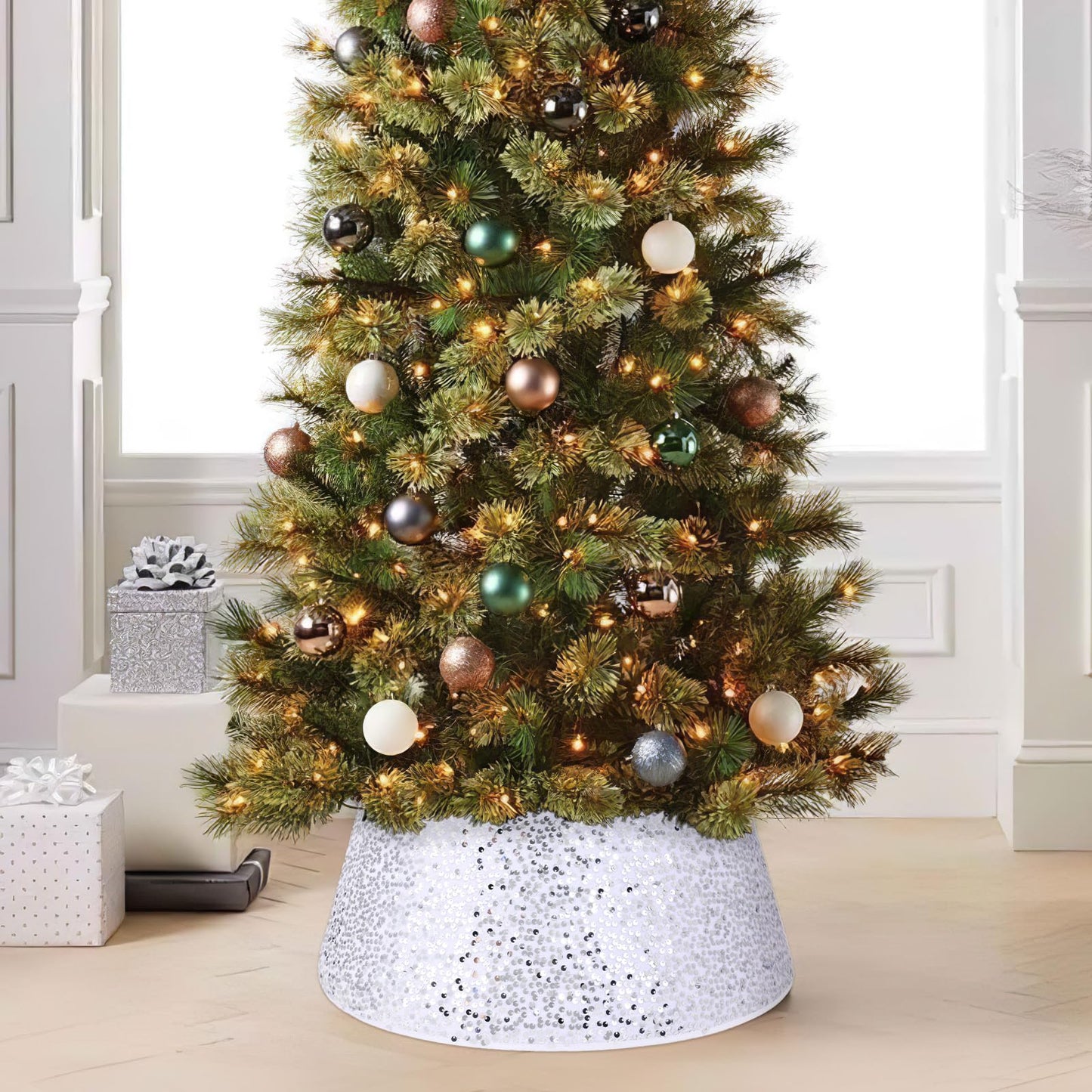 Christmas Tree Collar Burgundy Round Tree Skirt Tree Ring Sparkle Sequin for Christmas Holiday Thanksgiving Home Decor Red Gold