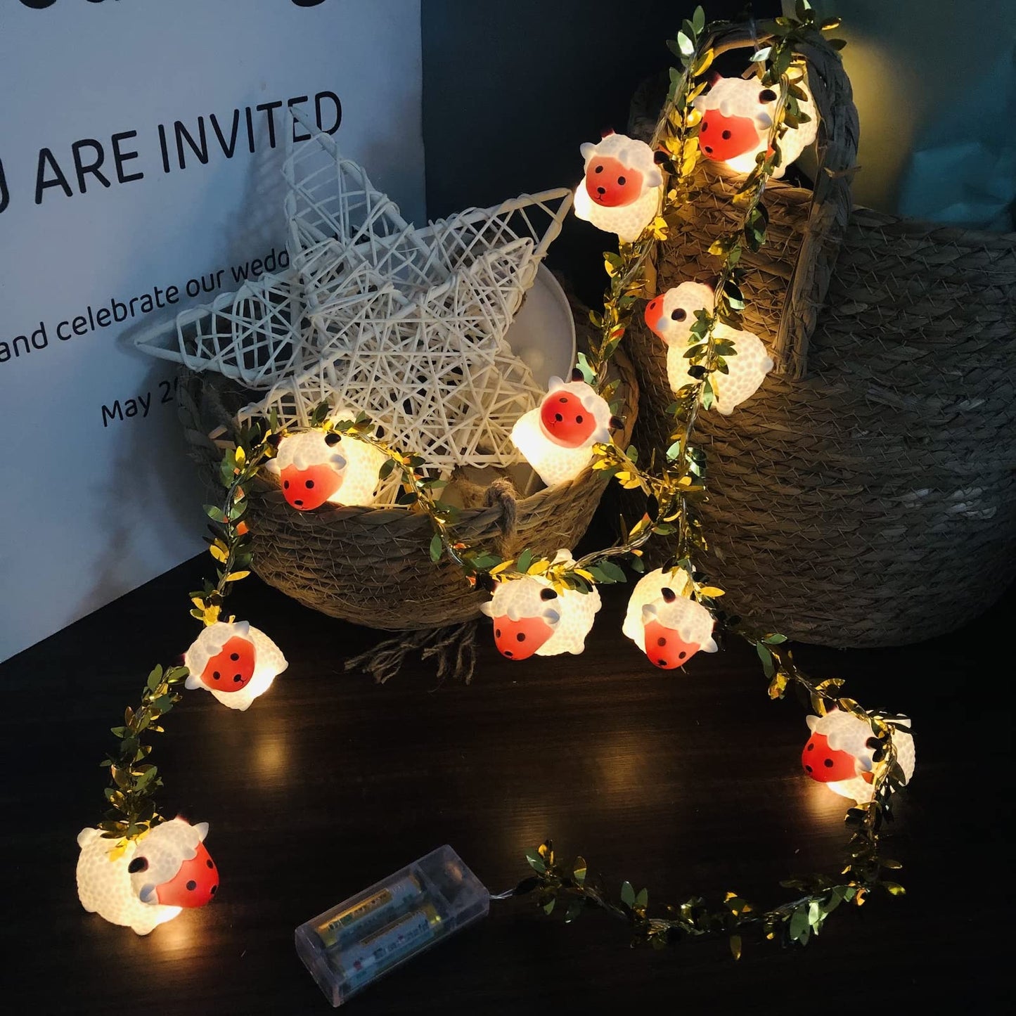Cute Animal Painted Little Sheep String Light 1.65M 10LED Goat Ornaments Novelty Lights Battery Powered Decorative Lamb Fairy Light for Indoor Outdoor Party Decor (10LED, A-Sheep+Gold Vine)