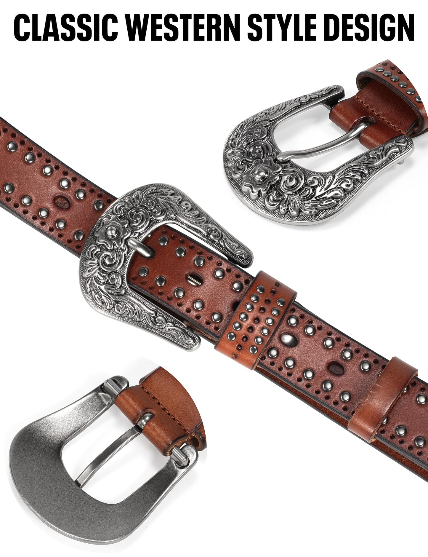 Womens Western Leather Belts 35mm Studded Belt with Vintage Silver Buckle