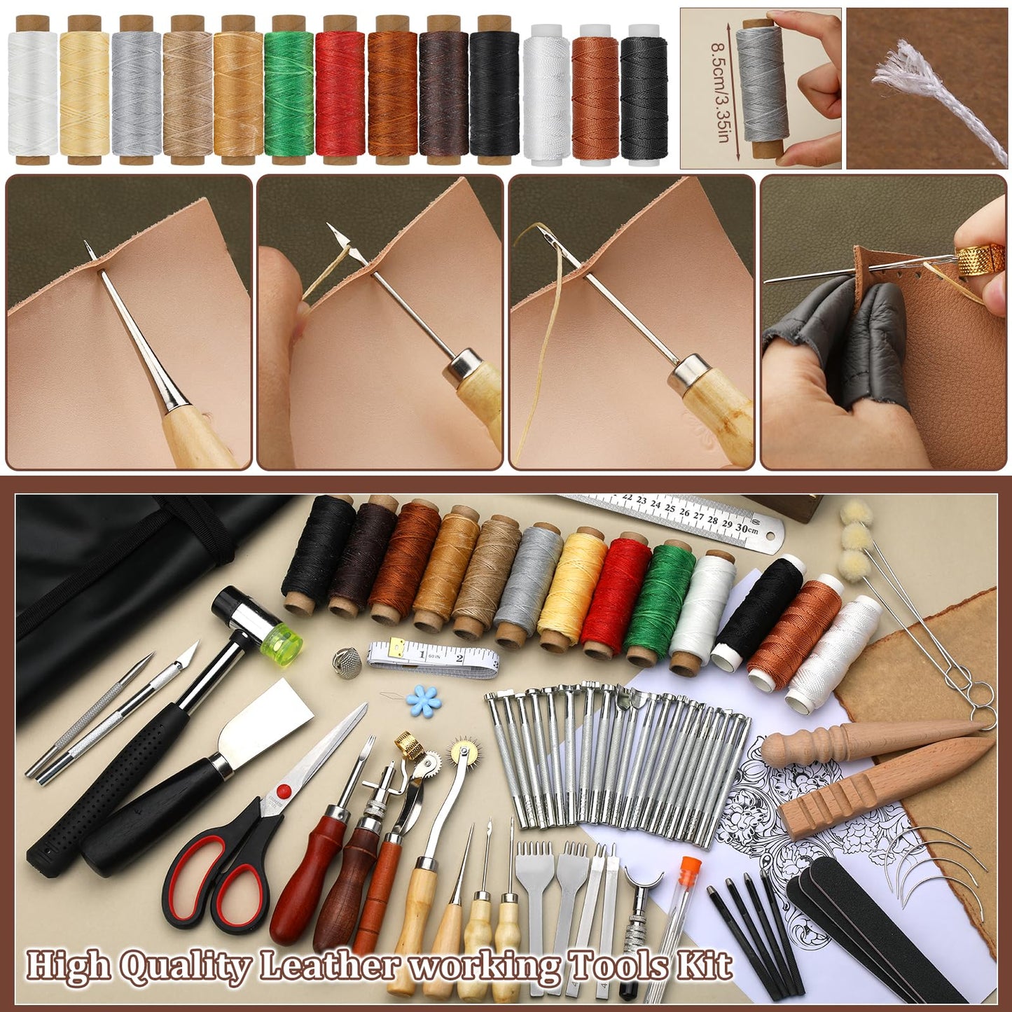 QMNNMA 102PCS Leather Working Tools Leather Crafting Kit with Custom Storage Bag, Stamping Tools for Sewing, Carving, Cutting, Punching, Stamping