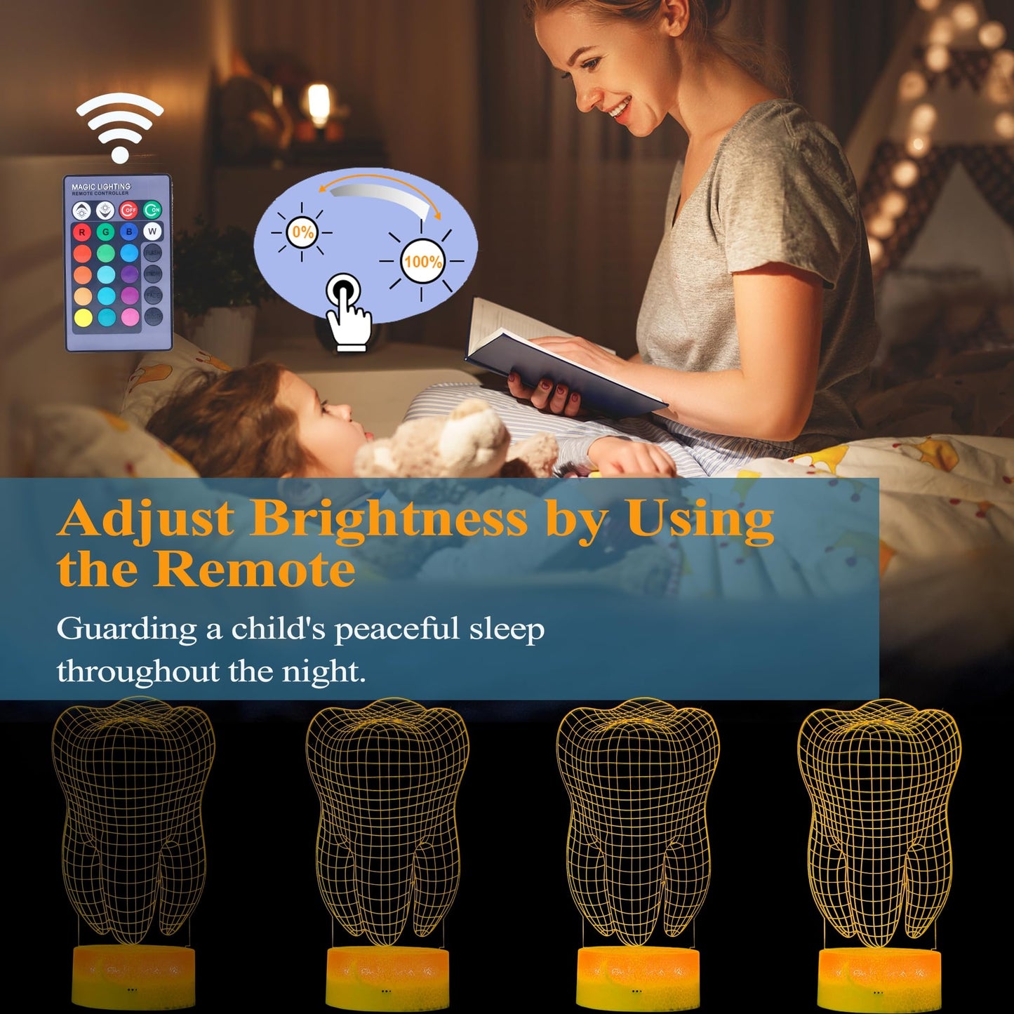 POSSHE Dental Gifts, 3D Tooth Night Light, 3D Illusion Lamp, 16 Colors Changing, Remote Control, Dimmable, Living Room Decoration, Xmas Tooth Model Gifts