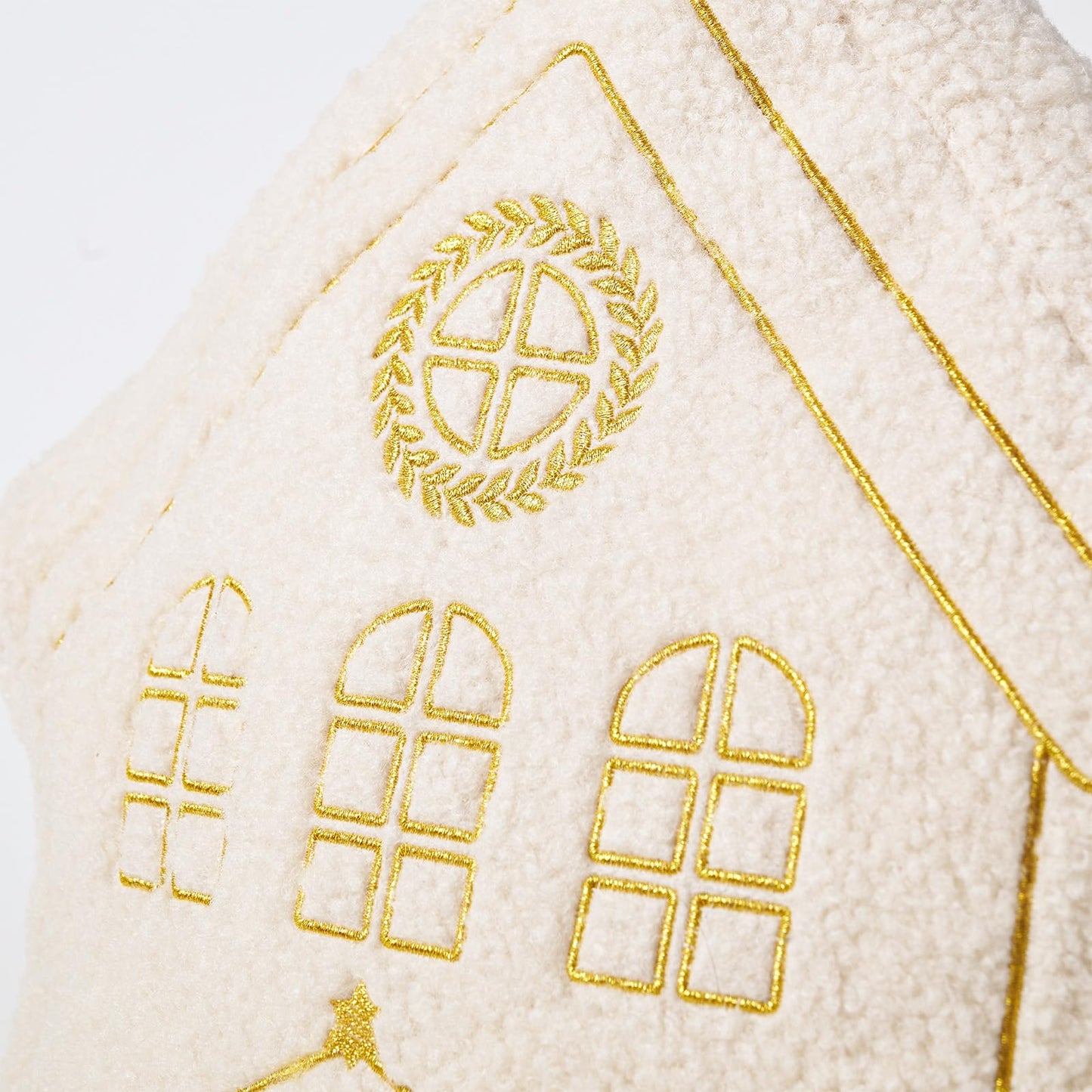 DN DECONATION House Shape Christmas Pillow, White Decorative Pillow 15In - Gold Embroidered Faux Fur Holiday Throw Pillow for Sofa Bedroom Home Christmas Decor