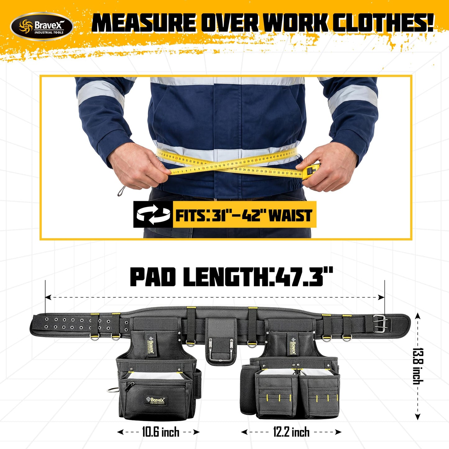 Bravex Tool Belt Suspenders, Tool Vest Pro Ultra 20 Bags H-Style Toolbelt 5 Combo Apron Tool Pouch For Framers Carpenter Electrician 1200D Ballistic Nylon
