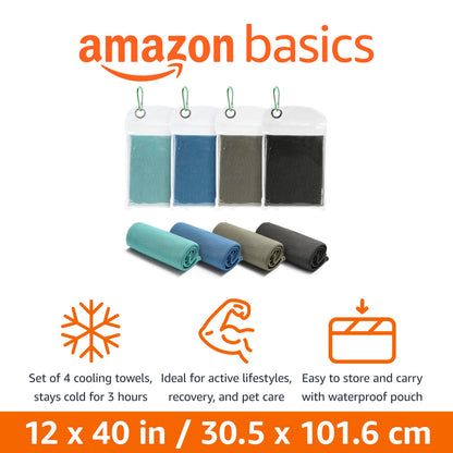Amazon Basics Cooling Towels for Neck and Face, Sports, Workout Recovery, 40" x 12", Black/Gray/Aqua/Navy, 4-Pack