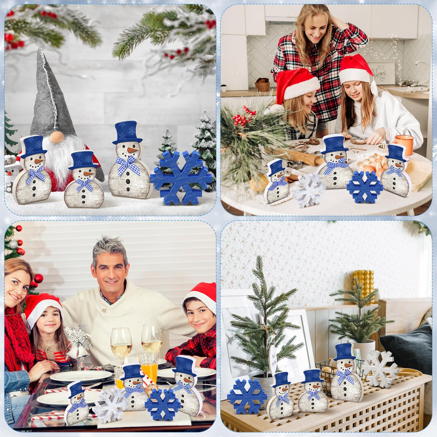 Yousoontic 5 Pcs Winter Table Decor Wooden Snowman Blue and White Snowman Snowflake Tiered Tray Decor Christmas Table Centerpiece Snowflake Signs Winter Decorations for Home Kitchen Office