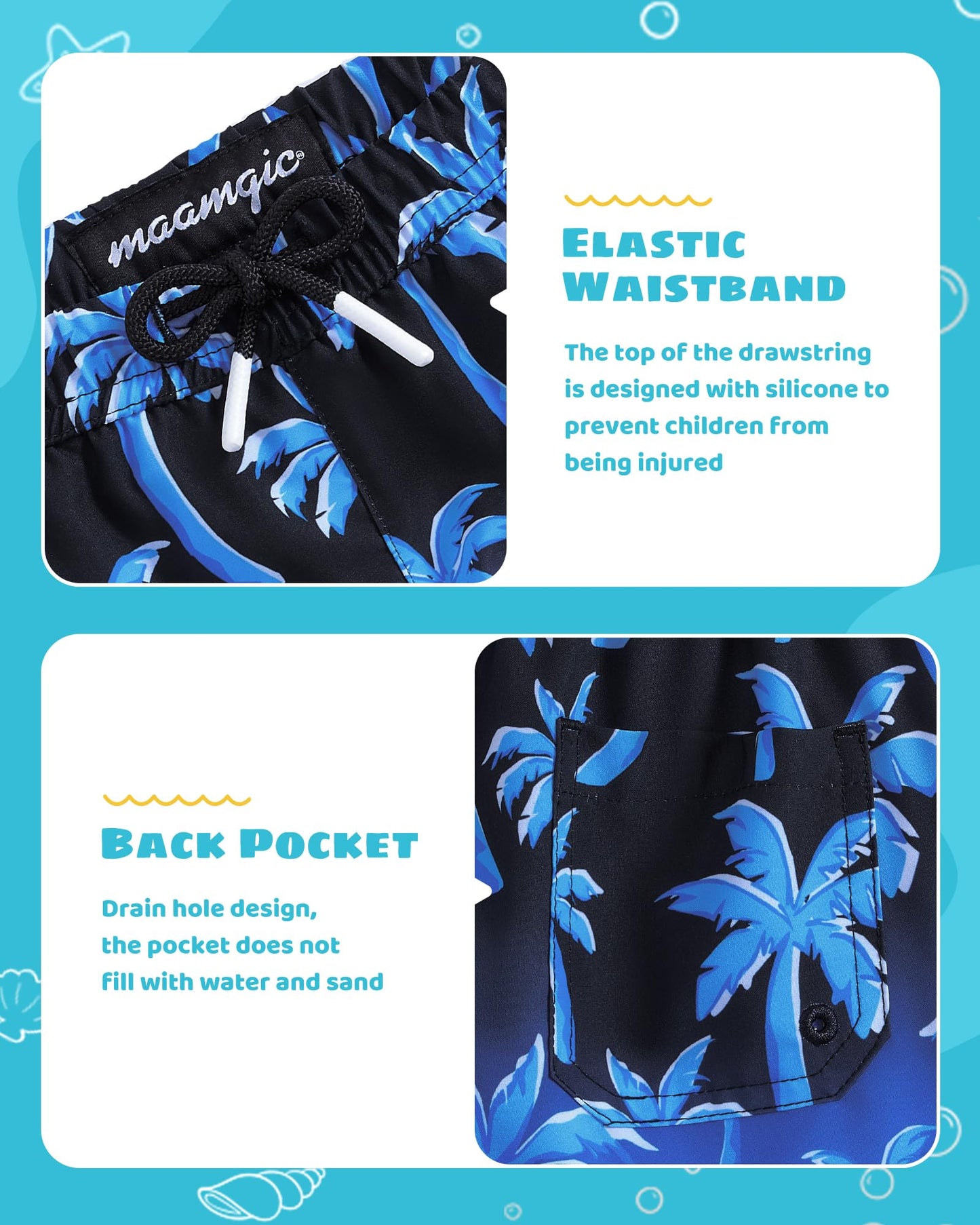 maamgic Boys Swim Trunks with Compression Liner Toddler Stretch Swim Shorts Quick Dry Swimming Trunks Boxer Brief 2 in 1 Beach Shorts Blue Coconut Tree 8