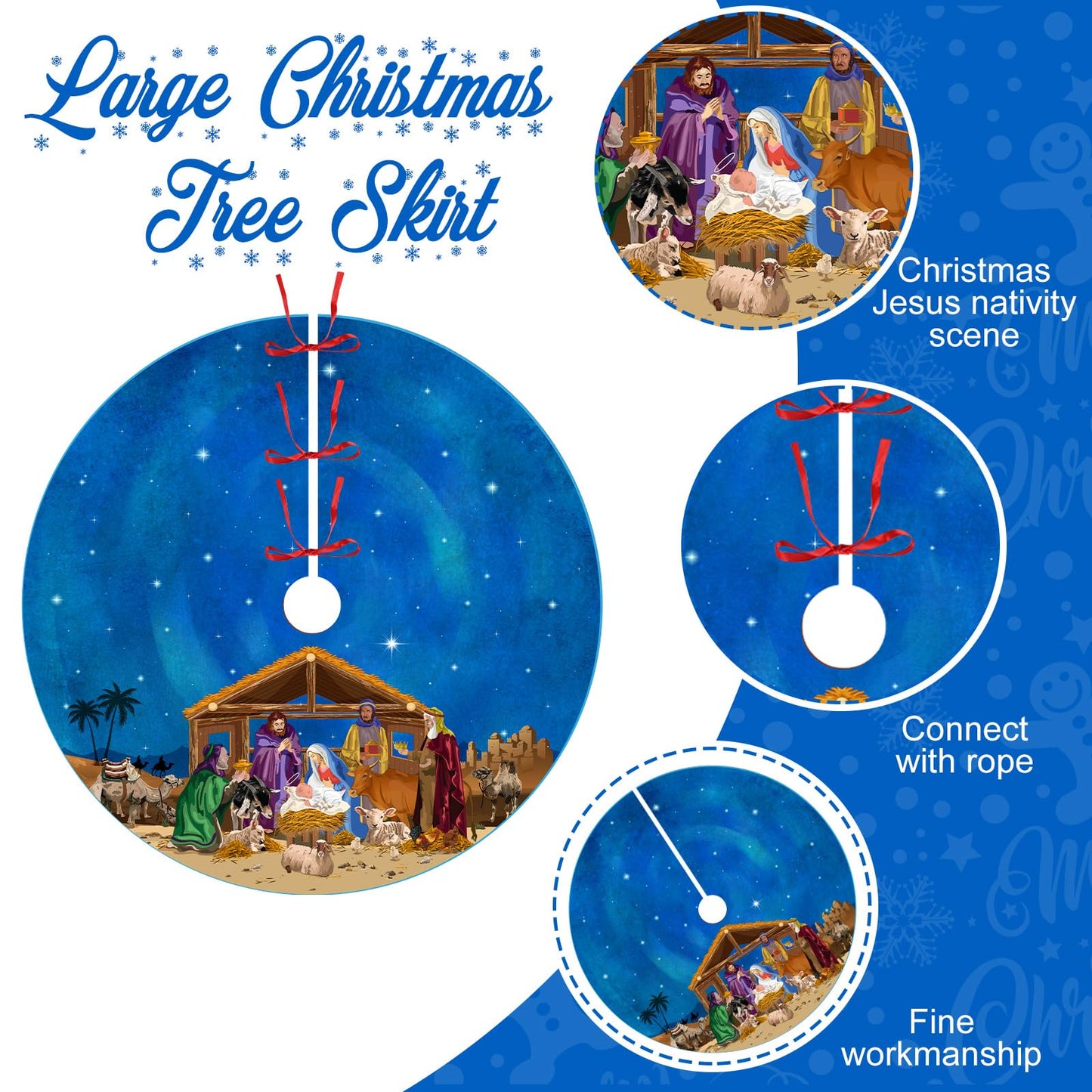 Blosssound Christmas Tree Skirt Christian Christmas Tree Mat Winter Holiday Party Decoration for Xmas Farmhouse Indoor Outdoor Decor Supplies(48 Inch,Blue)
