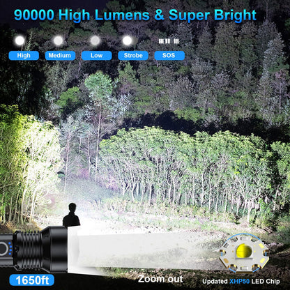 MILAOSHU Rechargeable Flashlights 90000 High Lumens - 2 Pack, Super Bright 12 Hours Long Life LED Flashlight with 5 Modes, High Powered Flash Light for Home, Outdoor (Black)