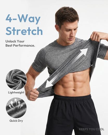 MCPORO Workout Shirts for Men Short Sleeve Quick Dry Athletic Gym Active T Shirt Moisture Wicking 5 Pack Black, Dark Blue, Army Green, Light Grey, Hydro Teal X-Large