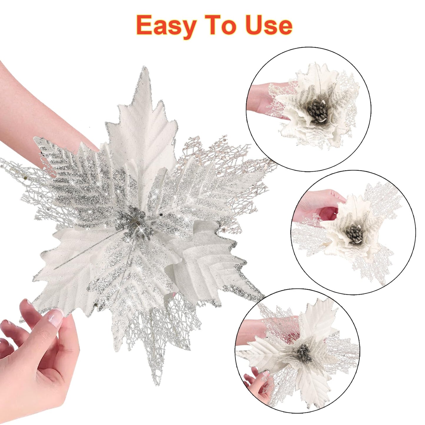10'' Large Christmas Glitter Poinsettia Flowers Decorations, stadeco 10 Pcs Christmas Tree Picks Ornaments Artificial Flowers with Long Stems for Xmas Tree Wreath Garland Wedding Party DIY Decor