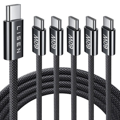 LISEN USB C Cable, 5-Pack [3.3/3.3/6.6/6.6/10FT] for iPhone 17 Charger Cord, 60W USB C to USB C Fast Charging Cable for iPhone 17 Air 16 15 Pro Max, Samsung Z Flip 7/S25/S24, Switch 2, iPad, MacBook
