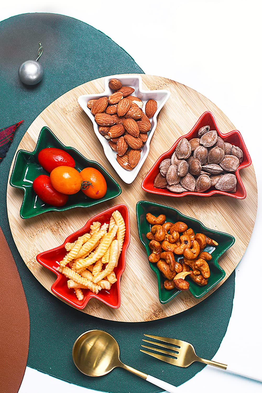 Rotatable Colorful 10.8 Inches 5pcs Christmas Tree Plates Chip & Dip Set Ceramic Snack Plate with Bamboo Tray, Round Removable Porcelain Appetizer Dessert Fruit Salad Saucer Bowls Cutlery Platter Dish