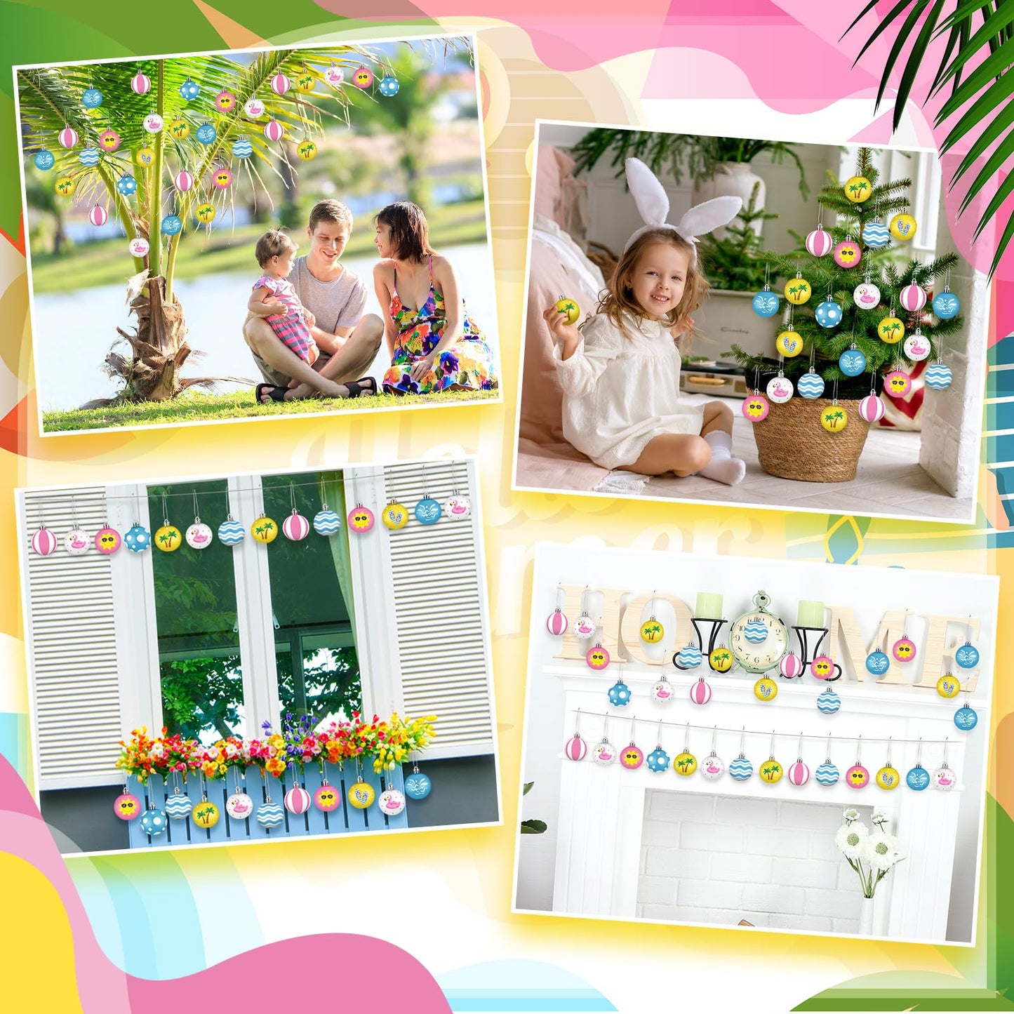 HyDren 40 Pcs Summer Tree Ornaments 1.2 Inch Mini Christmas in July Hanging Tree Decorations Coconut Dot Wave Stripe Flamingo Ornaments Tropical Party Decor for Home Luau Holiday Decorative Supplies