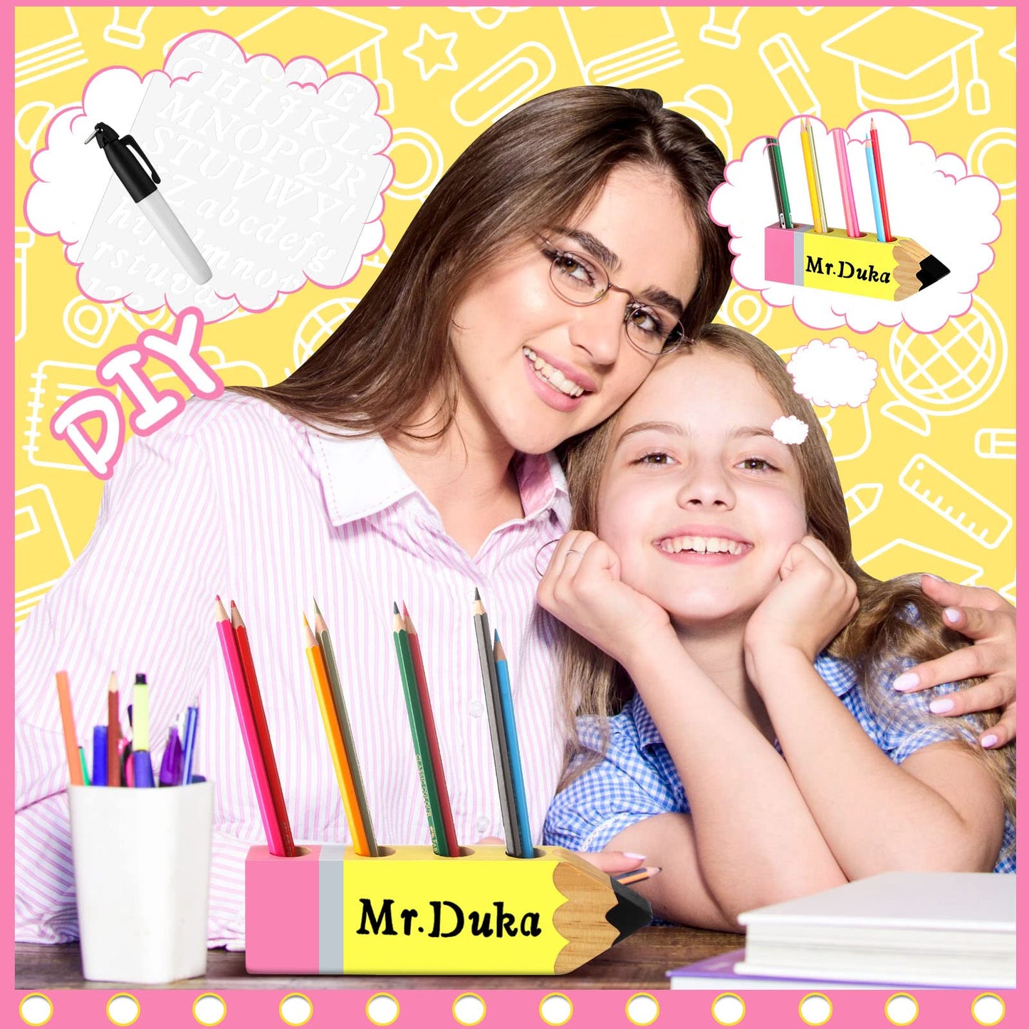 Sinmoe Teacher Appreciation Gift Name DIY Wooden Desk Pencil Shape Holder Teacher Name Desktop Pen Organizer for Back to School Graduation End of Year Thank You Gifts School Office Home Desk Sign