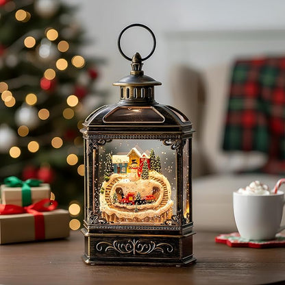 Christmas Snow Globe Lantern Water Glittering Snowman & Train with Music, USB Lined/Battery Operated Lighted Lantern for Christmas Festival Decoration Gifts