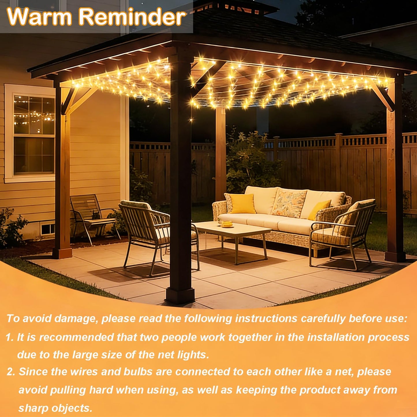 8ft x 8ft Net Lights, 180LED Gazebo Lights Outdoor 8 Modes Timer, Waterproof Connectable Christmas String Lights Clear Wire Plug in for Bushes Patio Pergolas Garden Holiday Party - Warm White