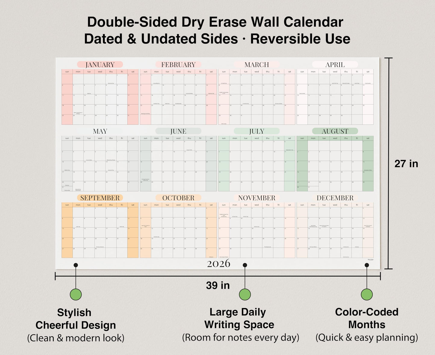 Dry Erase Wall Planner (27×39 in) – Double-Sided Reusable Yearly Planner with Undated Planning Board & 2026 Calendar Reference, Large Laminated Write & Wipe Wall Calendar for Home, Office, Classroom