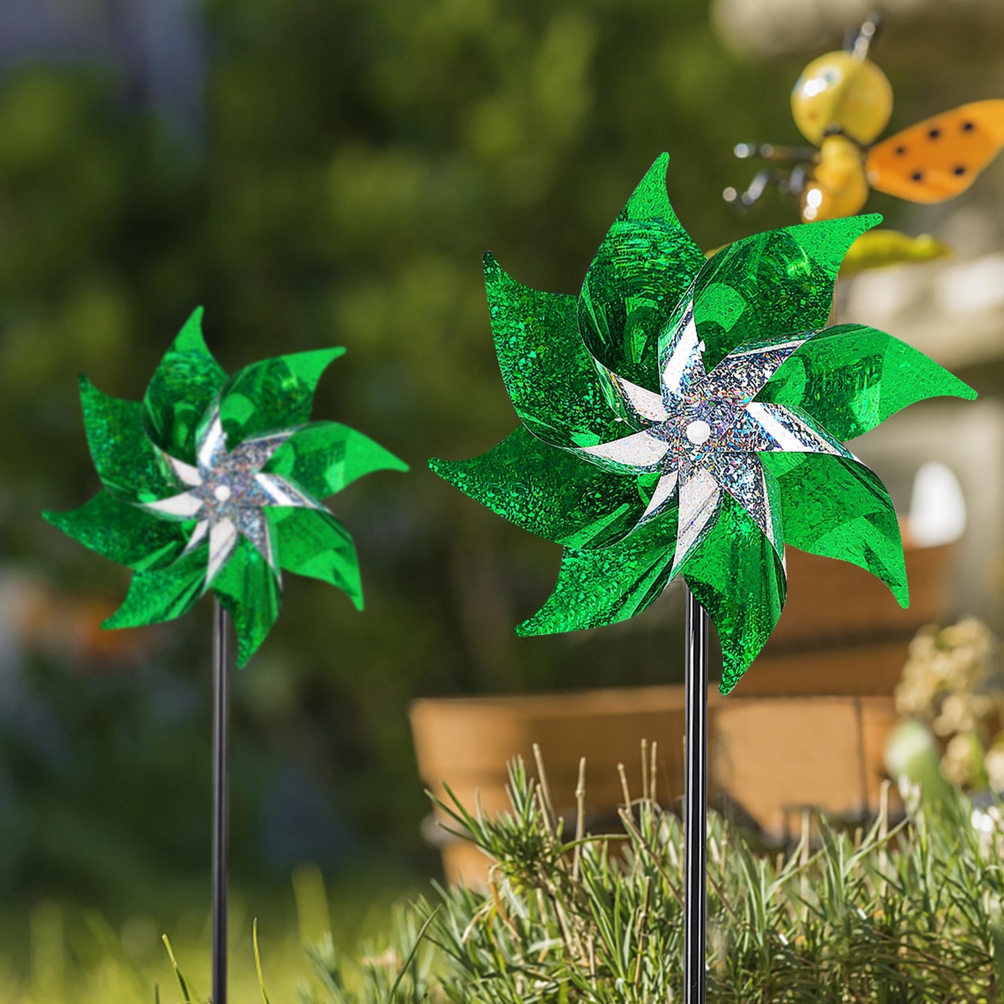 Hausse 10 Pack Reflective Pinwheels Holiday Decor (Assembly Required), Sparkly Wind Sculptures for St. Patrick's Day Decorations Party Supplies, Scare Birds Away from Garden Yard Patio Farm, Green
