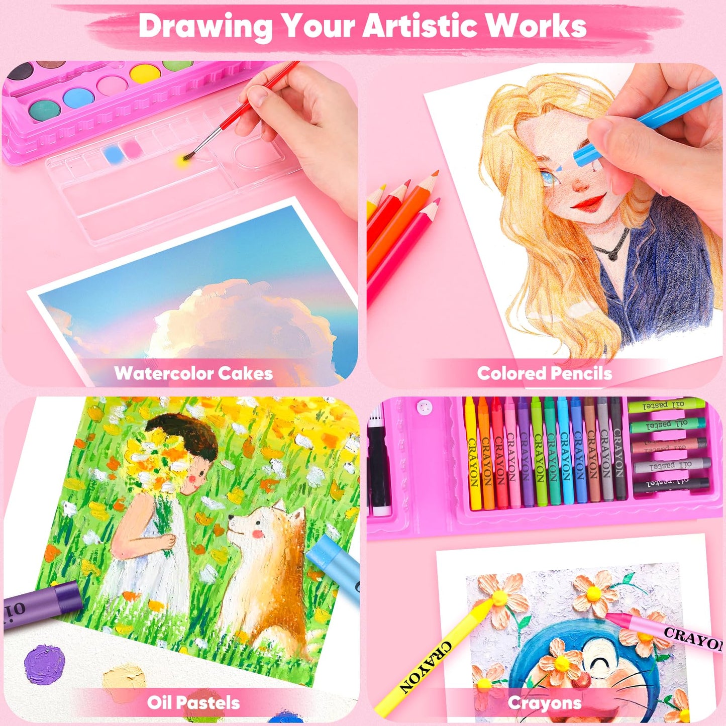 iBayam Art Supplies, 149-Pack Drawing Kit Painting Art Set Art Kits Gifts Box, Arts and Crafts for Kids Girls Boys, with Coloring Book, Crayons, Pastels, Pencils, Watercolor Pens & Cakes (Pink)
