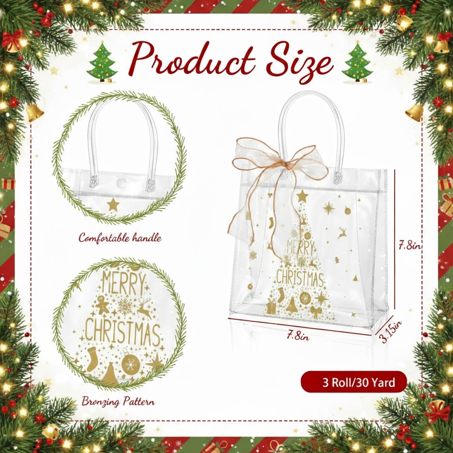 Henoyso 36 Pcs Gold Christmas Clear Gift Bags Plastic Goodie Candy Treat Bag with Handles PVC Gift Wrap Totes with Ribbon for Xmas Party Favors (7.8 x 7.8 x 3.1)