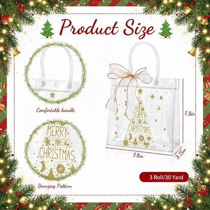 Henoyso 24 Pcs Gold Christmas Clear Gift Bags Plastic Goodie Candy Treat Bag with Handles PVC Gift Wrap Totes with Ribbon for Xmas Party Favors (7.8 x 7.8 x 3.1)
