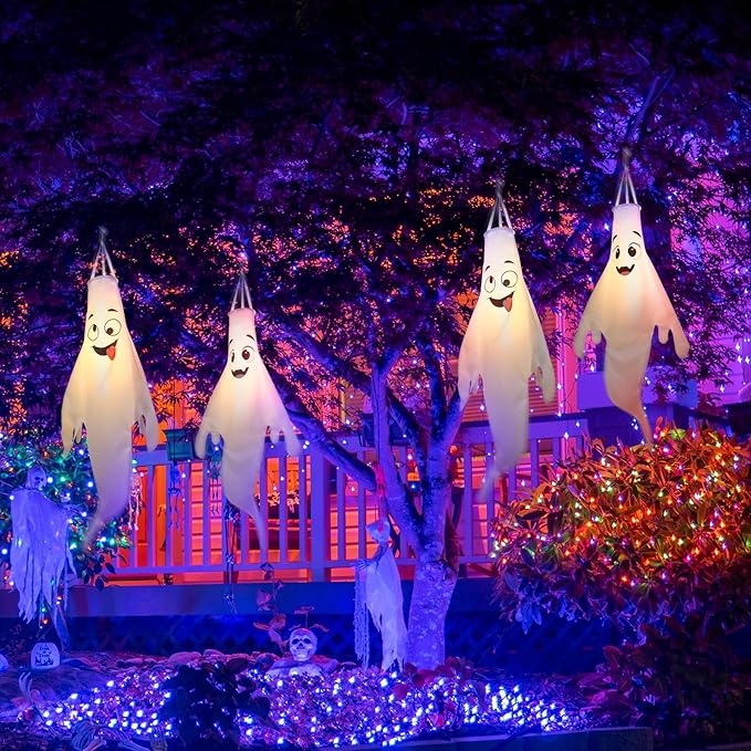 Halloween-Decorations-Outdoor Hanging-Ghost Windsocks for Trees with Timer, LED Ghosts to Hang in Tree Porch Yard, Waterproof, Timer,2 Pcs (No Batteries)