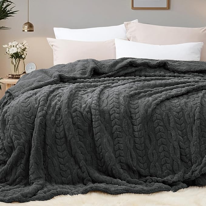 PHF Fluffy Sherpa Blanket King Size for Winter, Warm and Soft, 510GSM 3D Jacquard Thick Shaggy Fleece Plush Blanket for Sofa Bed, Dark Grey, 108"x90"