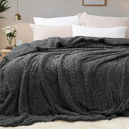 PHF Fluffy Sherpa Blanket King Size for Winter, Warm and Soft, 510GSM 3D Jacquard Thick Shaggy Fleece Plush Blanket for Sofa Bed, Dark Grey, 108"x90"