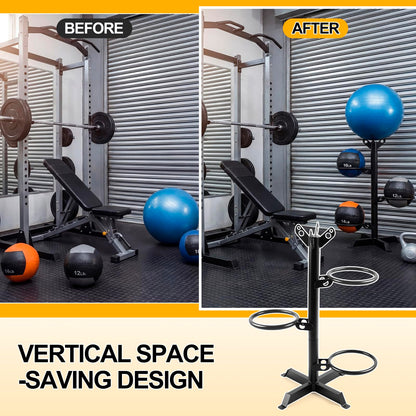 Zonon Medicine Ball Rack for Home Gym, 4-Tier Vertical Storage Stand with 360° Rotating Rings, 4 Balls Heavy Duty Steel Organizer for Yoga, Slam Wall Balls, Space Saving Gym Equipment Storage, Black