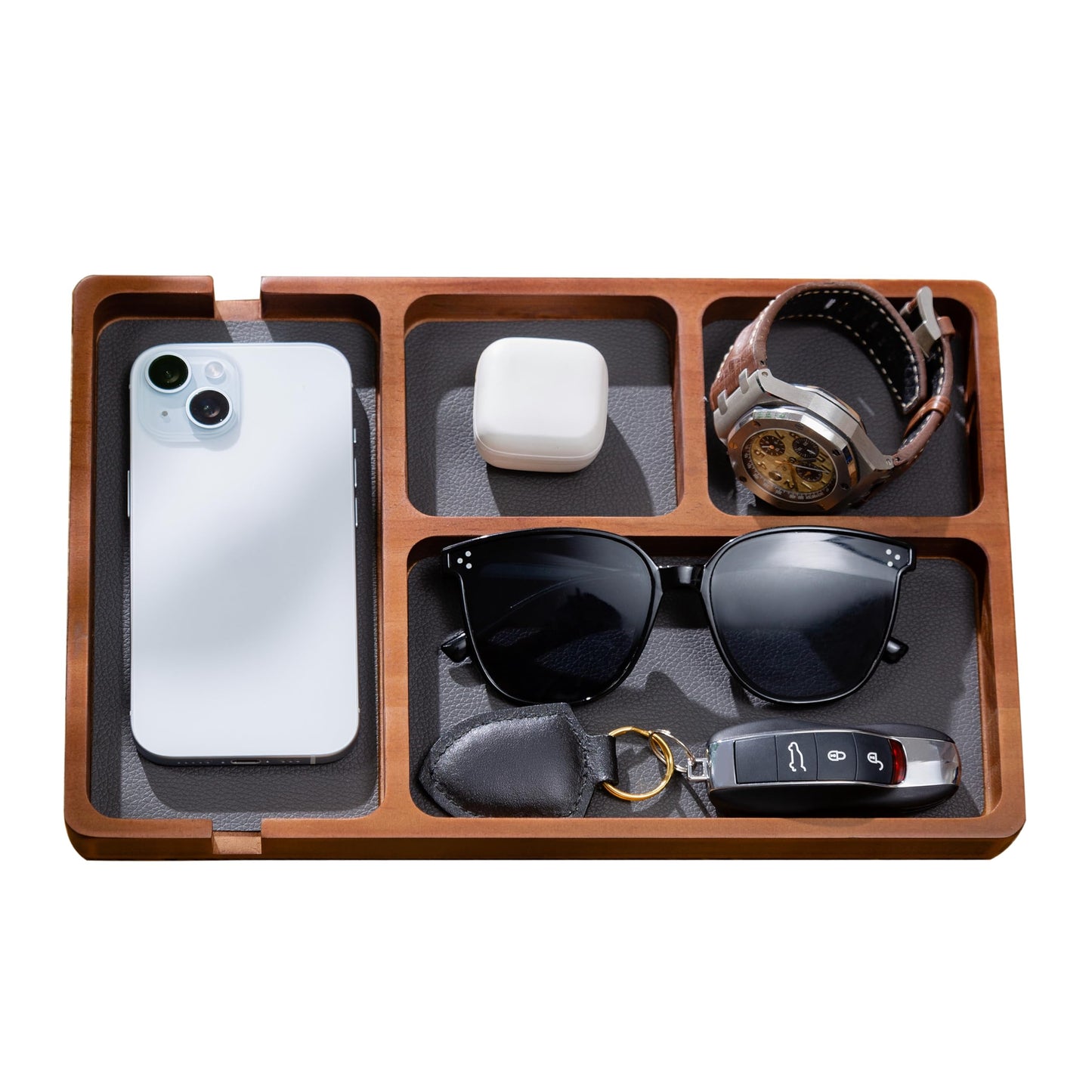 Shinpuru Wooden Valet Tray for Men, Nightstand Organizer with Leather Inlay, EDC Essentials Catchall Tray for Keys, Phone, Wallet, Watch, Earbuds - Bedside Desk Entryway Tray (Wood)