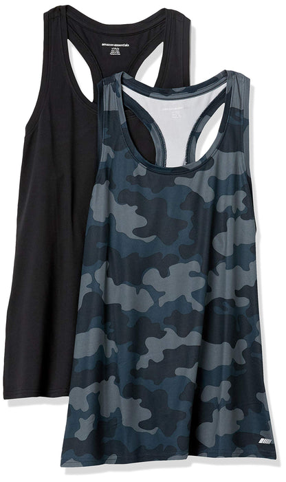 Amazon Essentials Women's Active Quick Dry Tech Stretch Racerback Tank Top (Available in Plus Size), Pack of 2, Black/Grey Camo, Large