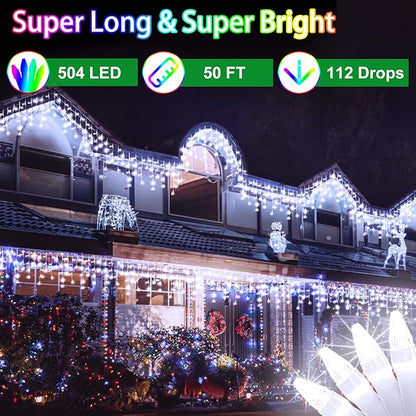 50FT 504 LED Outdoor Christmas Lights - 112 Ice Drops, 12 Pro Modes with Timer Memory & Brightness, Waterproof Hanging Ice String Light for Holiday Wedding Garden Fence House Decor (Cool White)