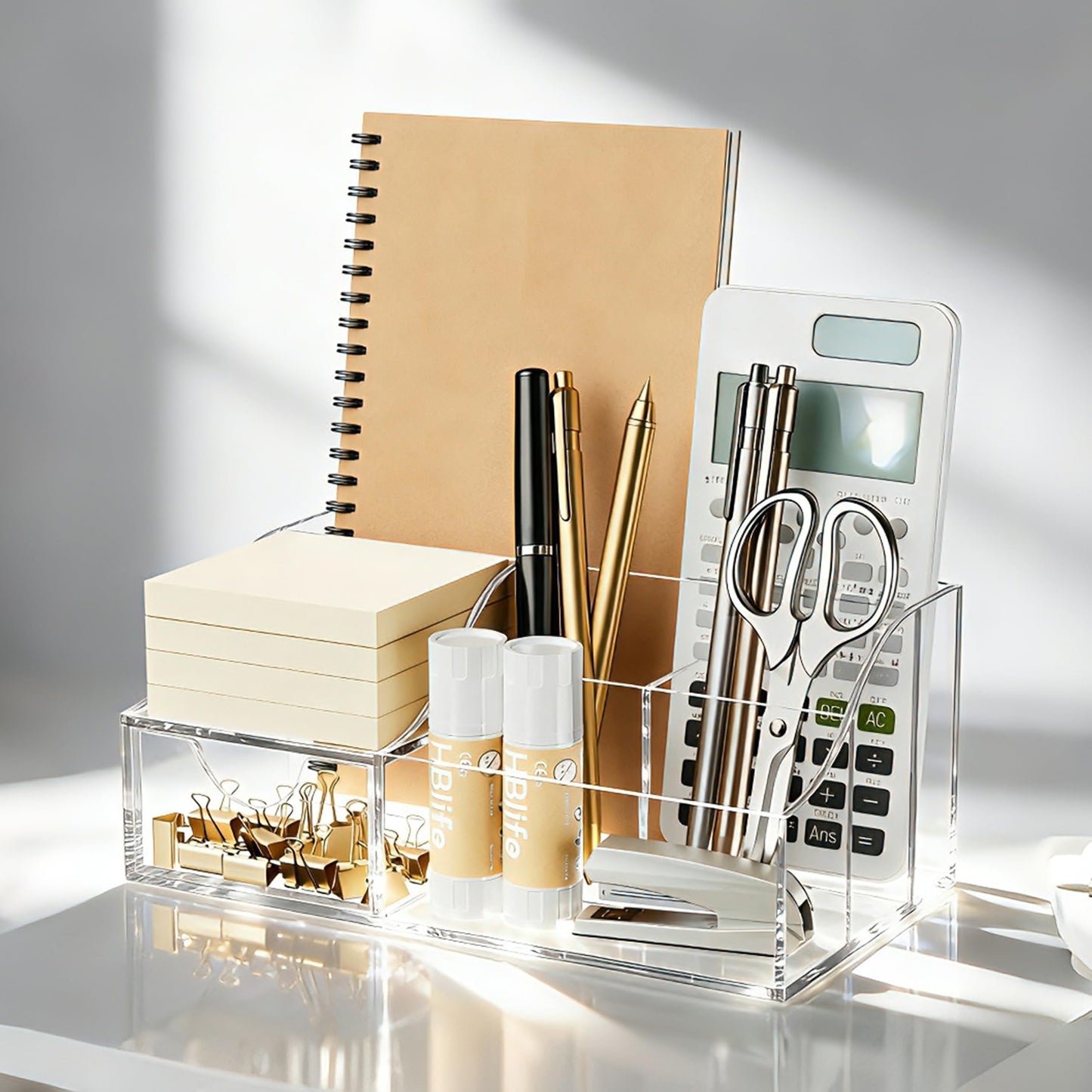 HBlife Acrylic Desk Organizer with 6 Compartments, Pen & Pencil Holder, Clear Multifunctional Desktop Caddy for Office Supply and Organization