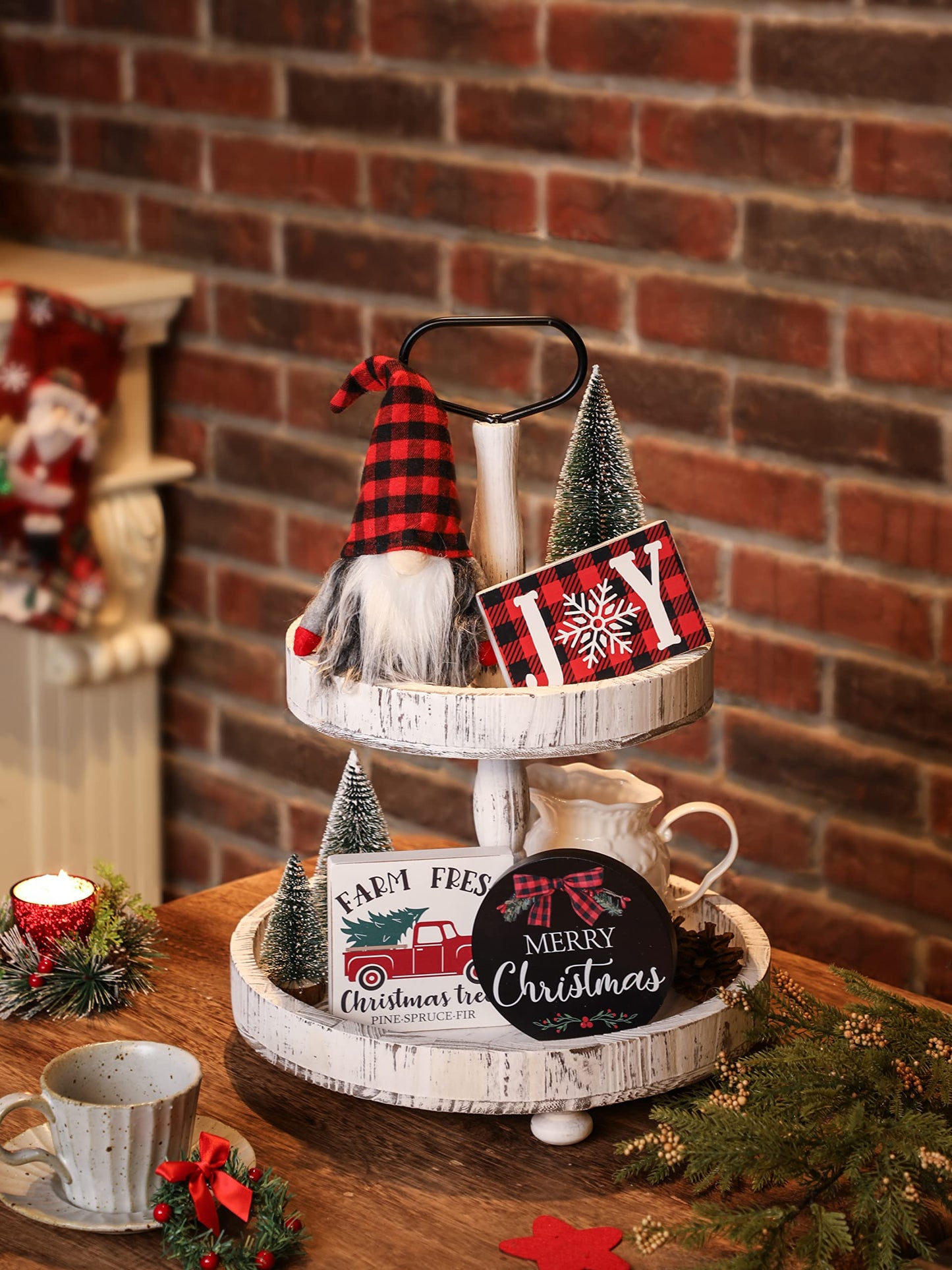 Christmas Tiered Tray Décor Set of 7, Merry Christmas Farm Fresh Truck, Joy Wood Sign Buffalo Plaid Gnome Plush and Trees, Farmhouse Table Home Party Shelf Fireplace Mantel Decor