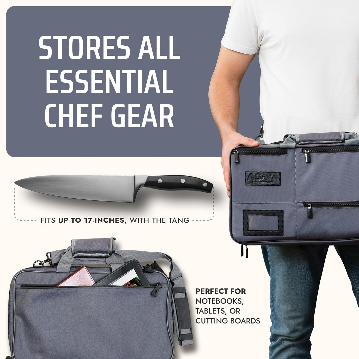Asaya Chef Knife Bag - 28-Pocket Knives Carrying Case for Kitchen Tools and Utensils, Ballistic Nylon Chef Knife Roll Bag with Adjustable Shoulder Strap - Knives Not Included (Grey)