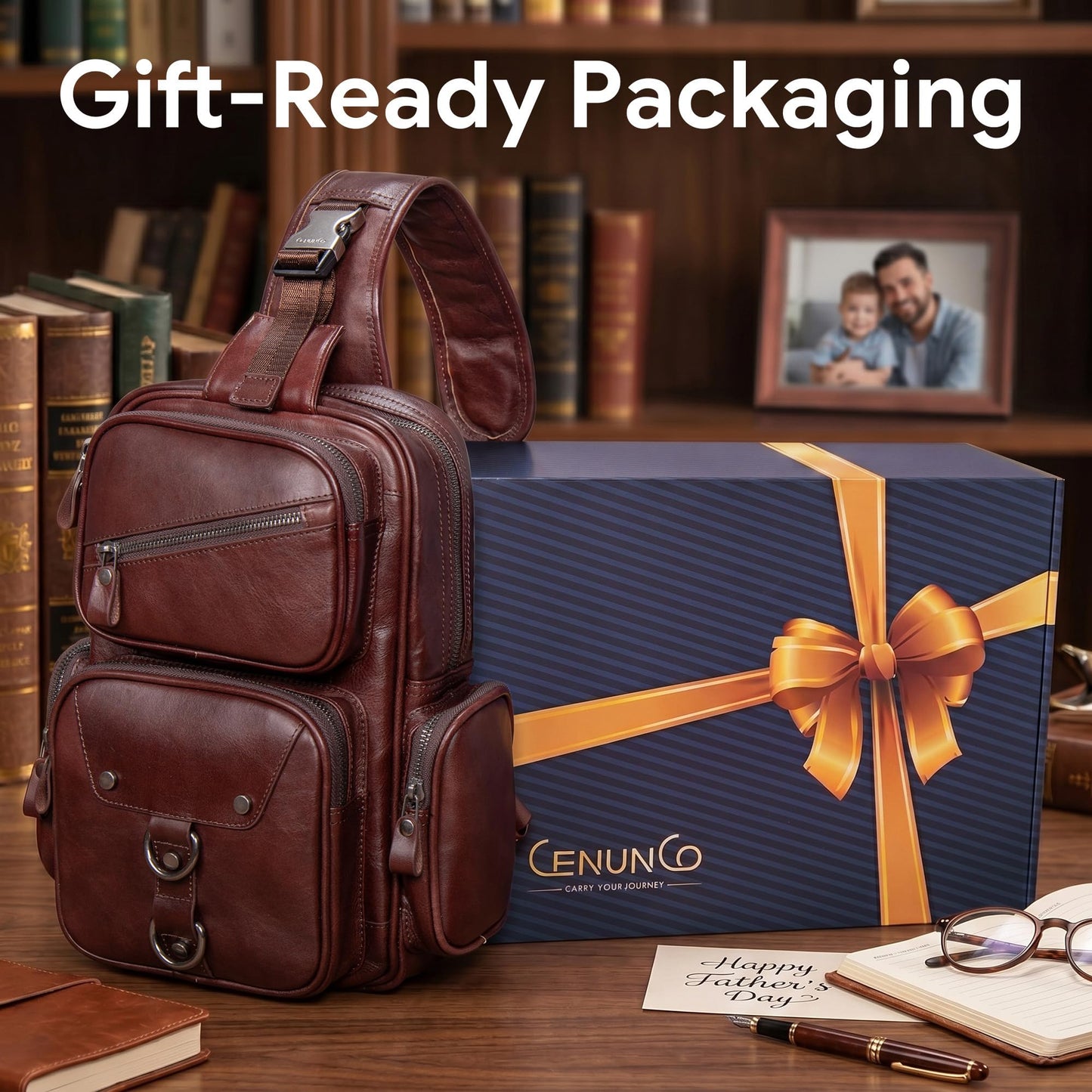 CENUNCO Genuine Leather Sling Bag for Men Large Crossbody Shoulder Bag Casual Sling Backpack Anti-Theft Travel Chest Purse (Dark Brown)
