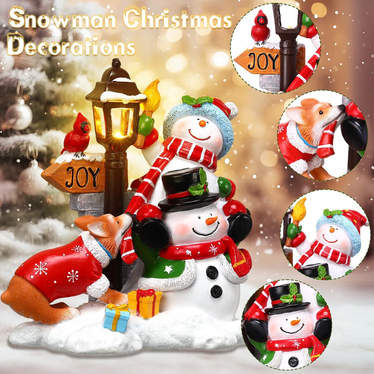 Wonderjune Christmas Snowman Table Decoration Lighted Snowman Figurine with Lamppost Lantern Tabletop Resin Collectibles Batteries Operated Xmas Statues Centerpiece Festive Gift Indoor Home
